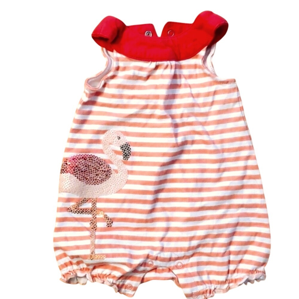 Starting Out Girls Coral Sequin Flamingo Steiped Romper‎ Size 3M